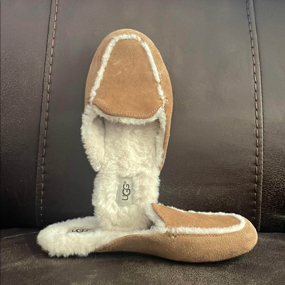 UGG Tan and White Slippers with Plush Fur Lining